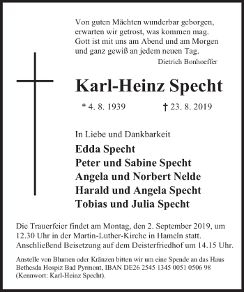 Traueranzeige von Karl-Heinz Specht von Deister- und Weserzeitung
