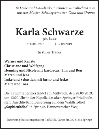 Traueranzeige von Karla Schwarze von Neue Deister-Zeitung