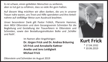 Traueranzeige von Kurt Frick von Deister- und Weserzeitung