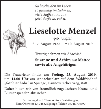 Traueranzeige von Lieselotte Menzel von Neue Deister-Zeitung