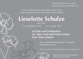 Traueranzeige von Lieselotte Schulze von Neue Deister-Zeitung