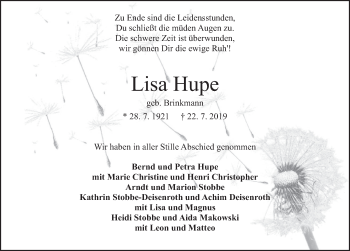 Traueranzeige von Lisa Hupe von Deister- und Weserzeitung