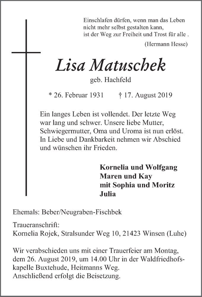  Traueranzeige für Lisa Matuschek vom 21.08.2019 aus Neue Deister-Zeitung