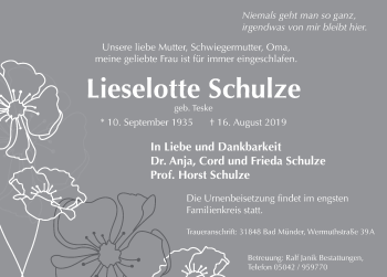 Traueranzeige von Liselotte Schulze von Deister- und Weserzeitung