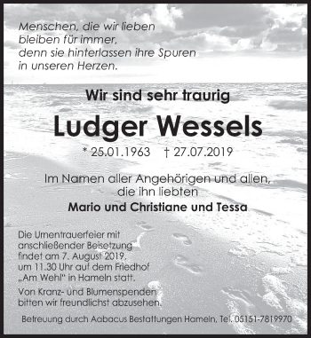 Traueranzeige von Ludger Wessels von Deister- und Weserzeitung