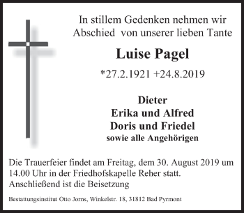 Traueranzeige von Luise Pagel von Deister- und Weserzeitung
