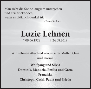 Traueranzeige von Luzie Lehnen von Deister- und Weserzeitung