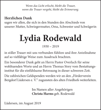 Traueranzeige von Lydia Rodewald von Neue Deister-Zeitung