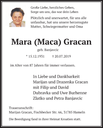 Traueranzeige von Mara Maca Gracan von Deister- und Weserzeitung