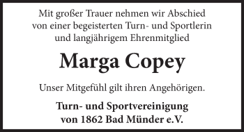 Traueranzeige von Marga Copey von Neue Deister-Zeitung