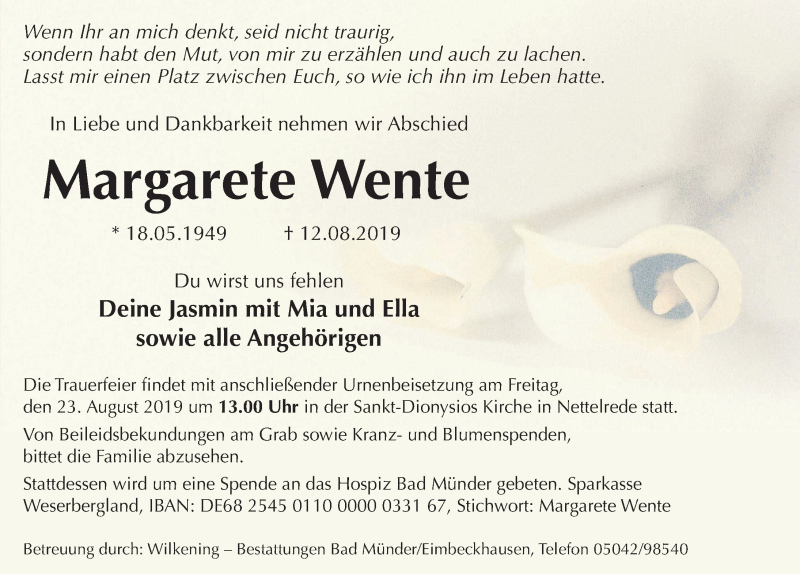  Traueranzeige für Margarete Wente vom 17.08.2019 aus Neue Deister-Zeitung