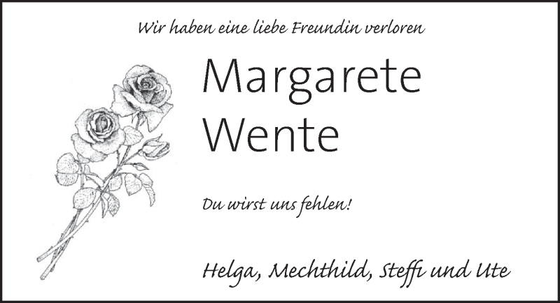  Traueranzeige für Margarete Wente vom 23.08.2019 aus Neue Deister-Zeitung