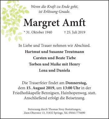 Traueranzeige von Margret Amft von Neue Deister-Zeitung