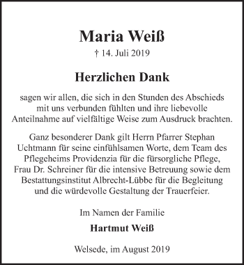 Traueranzeige von Maria Weiß von Deister- und Weserzeitung