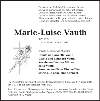 Traueranzeige von Marie-Luise Vauth von Deister- und Weserzeitung