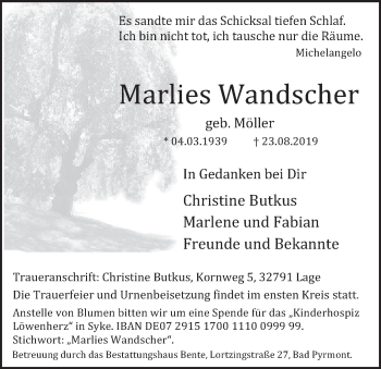 Traueranzeige von Marlies Wandscher von Deister- und Weserzeitung