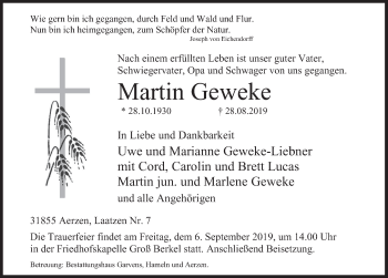 Traueranzeige von Martin Geweke von Deister- und Weserzeitung