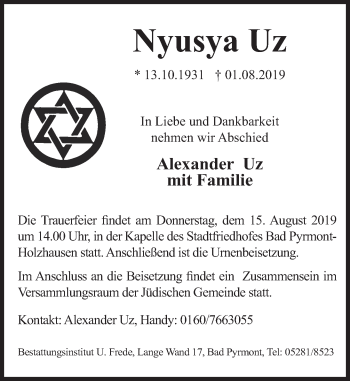 Traueranzeige von Nyusya Uz von Deister- und Weserzeitung