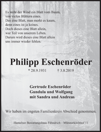 Traueranzeige von Philipp Eschenröder von Deister- und Weserzeitung