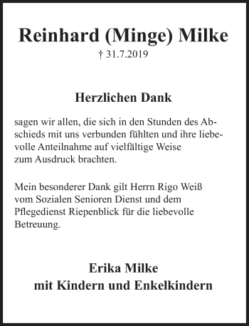 Traueranzeige von Reinhard  Milke von Deister- und Weserzeitung