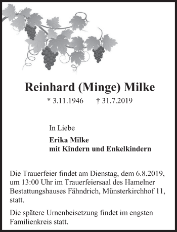 Traueranzeige von Reinhard  Milke von Deister- und Weserzeitung