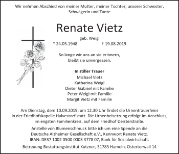 Traueranzeige von Renate Vietz von Deister- und Weserzeitung