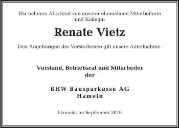 Traueranzeige von Renate Vietz von Deister- und Weserzeitung
