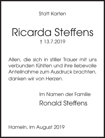 Traueranzeige von Ricarda Steffens von Deister- und Weserzeitung