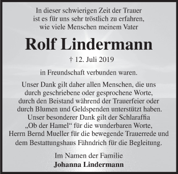 Traueranzeige von Rolf Lindermann von Deister- und Weserzeitung