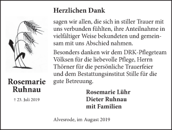 Traueranzeige von Rosemarie Ruhnau 
