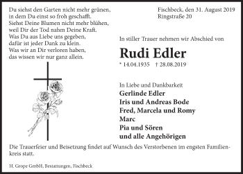 Traueranzeige von Rudi Edler von Deister- und Weserzeitung
