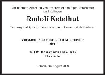 Traueranzeige von Rudolf Ketelhut von Deister- und Weserzeitung
