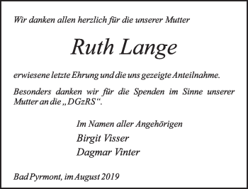 Traueranzeige von Ruth Lange von Deister- und Weserzeitung