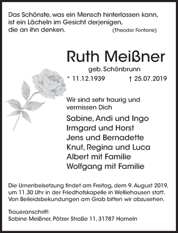 Traueranzeige von Ruth Meißner von Deister- und Weserzeitung
