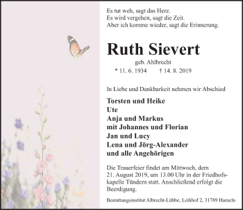 Traueranzeige von Ruth Sievert von Deister- und Weserzeitung