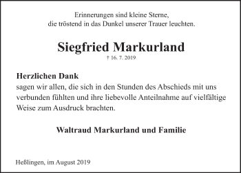 Traueranzeige von Siegfried Markurland von Deister- und Weserzeitung