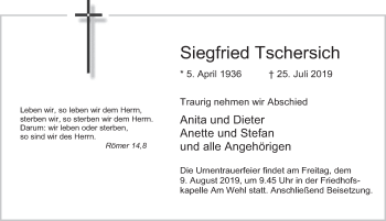 Traueranzeige von Siegfried Tschersich von Deister- und Weserzeitung