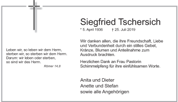 Traueranzeige von Siegfried Tschersich von Deister- und Weserzeitung