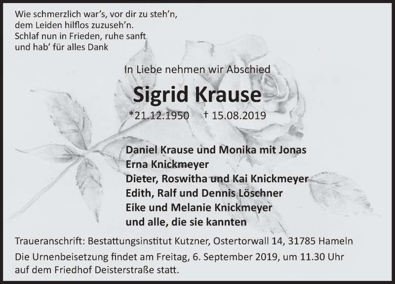  Traueranzeige für Sigrid Krause vom 24.08.2019 aus Deister- und Weserzeitung
