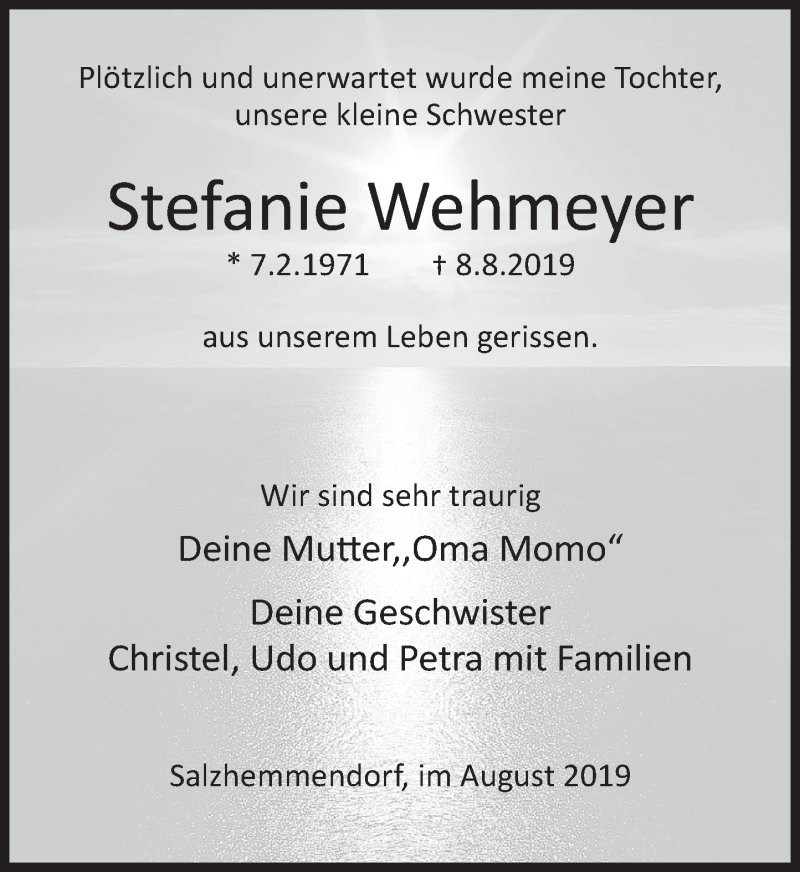  Traueranzeige für Stefanie Wehmeyer vom 16.08.2019 aus Deister- und Weserzeitung
