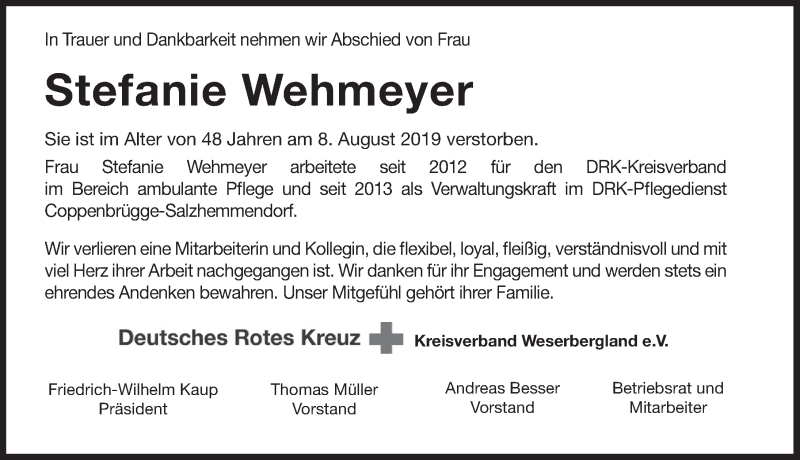 Traueranzeige für Stefanie Wehmeyer vom 24.08.2019 aus Deister- und Weserzeitung
