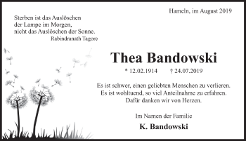 Traueranzeige von Thea Bandowski von Deister- und Weserzeitung