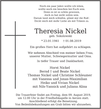 Traueranzeige von Theresia Nickel von Deister- und Weserzeitung