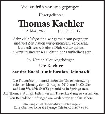Traueranzeige von Thomas Kaehler von Deister- und Weserzeitung