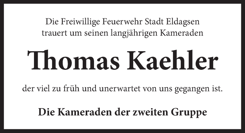  Traueranzeige für Thomas Kaehler vom 03.08.2019 aus Neue Deister-Zeitung