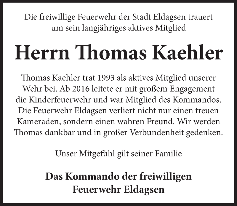  Traueranzeige für Thomas Kaehler vom 03.08.2019 aus Neue Deister-Zeitung