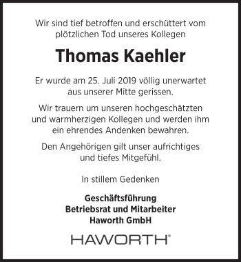 Traueranzeige von Thomas Kaehler von Neue Deister-Zeitung