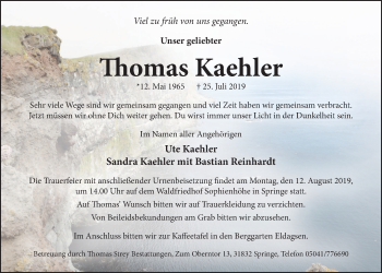 Traueranzeige von Thomas Kaehler von Neue Deister-Zeitung