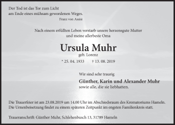 Traueranzeige von Ursula Muhr von Deister- und Weserzeitung
