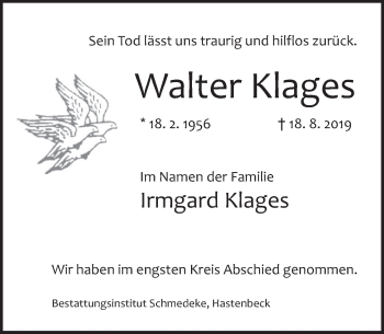 Traueranzeige von Walter Klages von Deister- und Weserzeitung
